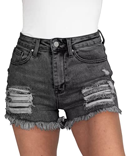 Zolucky Women Distressed Elastic Mid Waist Frayed Raw Hem Shorts Casual Short Blue Jean Shorts For Women #TOP1