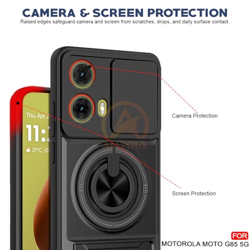 Image of Moto G85 5G Back Cover | Armor Camera Slider 360 Degree Rotating Finger Ring Holder Case with Bracket Stand Back Case Cover (Compatible with MagSafe Accessories) (Black)