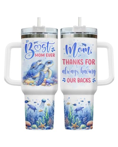 34HD Turtle Mommy Tumbler with Handle and Straw, 40oz Stainless Steel Vacuum Insulated Best Mom Cup, Turtle Gifts for Women Expecting Mom, Mothers Day, Birthday Gifts