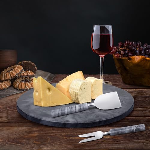 Marble Cheese Board & Utensil Set- 12” Round Black Marble Charcuterie Board & Cutting Board Set- Handmade Marble Serving Tray for Wine Meat Cheese Platter with 3 Piece Knife Set- Cheese Board Marble