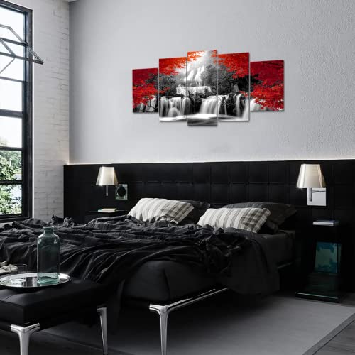 Vanseeing 5 Pieces Autumn Forest Waterfall Canvas Wall Art Red Tree Nature Scenery Picture Dreamlike River Black And White Natural Landscape Art Print Giclee Artwork Framed For Home Office Kitchen Wall Decor #TOP3