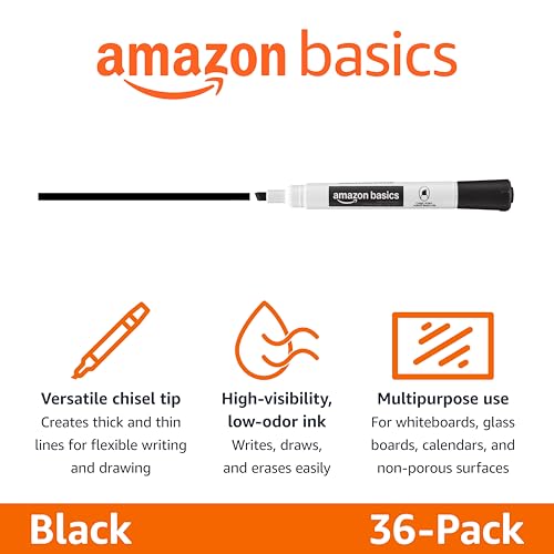 Image of Amazon Basics Low-Odor Dry Erase Whiteboard Markers, Chisel Tip, Quick-Dry, Black, 36-Pack