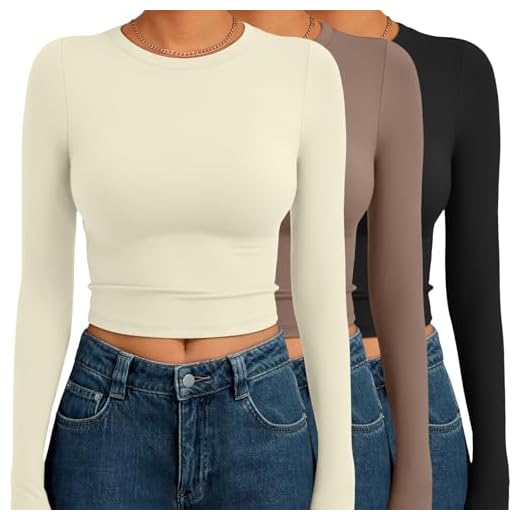 AUTOMET 3 Pack Womens Long Sleeve Shirts Y2K Going Out Crop Tops Cute Basic Slim Fitted Fall Fashion Outfits 2025 Clothes ApricotCoffegreyBlack M