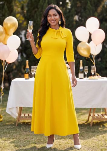 Image of FANDEE Maxi Long Dress Women, Church A Line Bow Tie Neck Casual Dresses | 3 /4 sleeve with pockets, tea party elegant wedding guest semi formal bridesmaid dress, m-3xl, machine wash