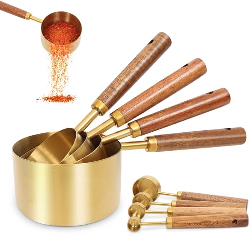 NALACAL Gold Measuring Cups Set of 8 Wood Handle with Metric and Fragrant Wood Handle Dry & Liquid Measuring Cup Stainless Steel Measuring Cups Ideal Kitchen Gadgets for Cooking and Baking Needs