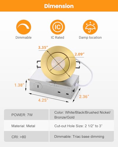 Image of Gold Recessed Lighting Fixtures 3inch - 7W Canless CCT Selectable Gimbal Ceiling LED Recessed Lights,Dimmable Indoor Swivel Downlight for Accent Lighting,360 Adjustable 90 Tilt Spotlights 6Pack Gold