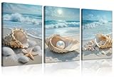 3Pcs Coastal Seashell Conch Canvas Wall Art Summer Beach Waves Pictures Wall Decor Blue Beach Ocean Posters Prints Paintings for Bathroom Bedroom Living Room Sea View Room Decoration Prepare to hang