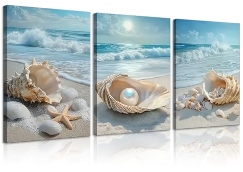 3Pcs Coastal Seashell Conch Canvas Wall Art Summer Beach Waves Pictures Wall Decor Blue Beach Ocean Posters Prints Paintings for Bathroom Bedroom Living Room Sea View Room Decoration Prepare to hang