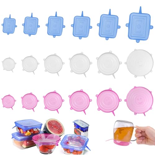 Tapas de Silicona, 18 Piezas de tapas de silicona Estirable, tapa para uso General, Tapas para Yogur, Diferentes Tamaños, tapa de siliconas para Conservación y Sellado, 3 Colores