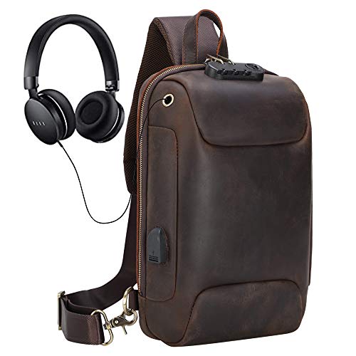 Genuine Leather Sling Bag for Men Anti-theft One Strap Crossbody Chest Shoulder Backpack with USB Fits 11 Inch Tablet