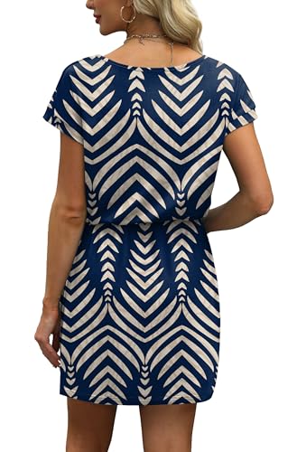 Image of OFEEFAN Summer Dresses for Women 2026 V Neck T Shirt Casual Mini Dresses Tie Waist Sundresses with Pockets