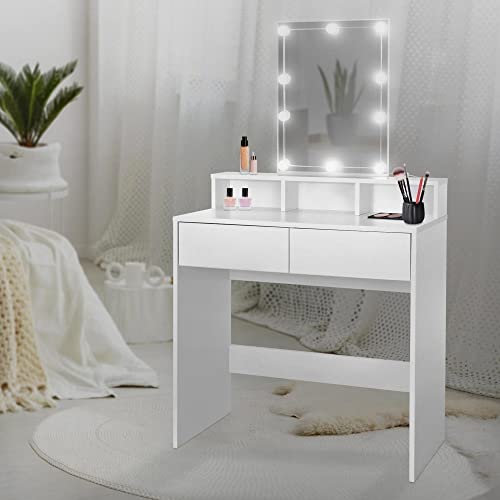 ML-Design Tocador Moderno con 2 Cajónes y 3 Compartimentos Abiertos y Espejo con LED 80 x 40 x 140 cm Blanco Madera Aglomerado Revestido Mesa de Peluquería Cómoda Retoques Maquillaje Gabinete Make Up