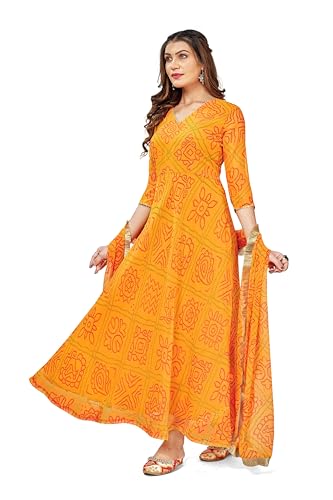 Image of Women's Bandhani Print Anarkali Kurta with Matching Dupatta, Ethnic Indian Wear