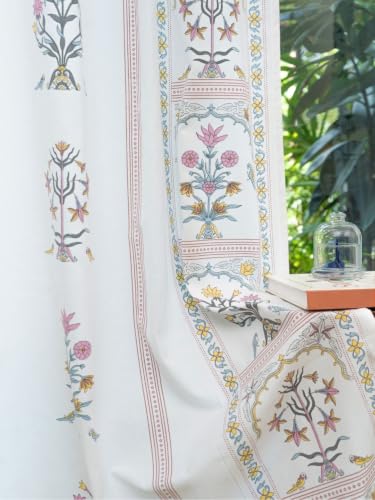 Image of Tranquebar Curtain Co. Cotton Curtains 9 Feet Long Set of 2, 60-65% Room Darkening, Pink Ethnic Curtains Floral Print, Door Curtains 9 Feet Set of 2, with Eyelets, Sashi (274 cm) - Set of 2