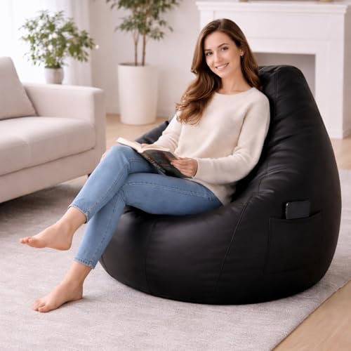 Image of Bean Bag Chair | Ergonomic Gaming Seat, Premium Leatherette, Washable Cover, Durable Double Stitching | Perfect for Lounge & Bedroom Side Mobile Pocket Cover Only No Bean Filler (Black, XL)