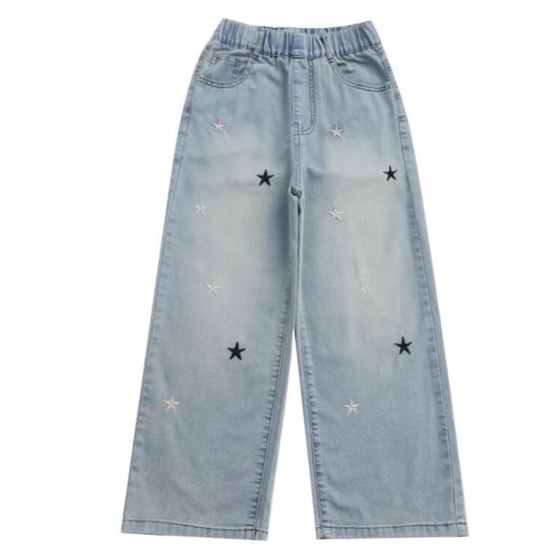 4-10T Little Big Girls Jeans, Star Print Elastic Waist Jeans Wide Leg Cute Denim Pants