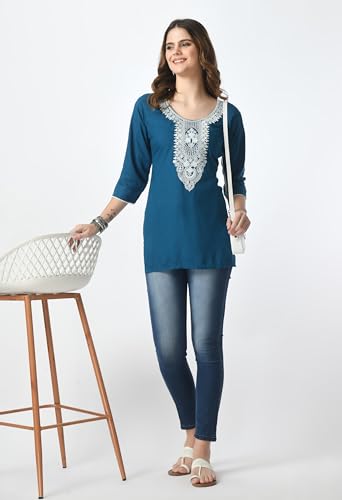 Image of LIBOZA Short Kurti for Women - Lakhnowi Chikankari Embroidered Ladies Kurta, Stylish Girls Top, Ethnic Half Kurtas, Tunic Design Woman Kurtis