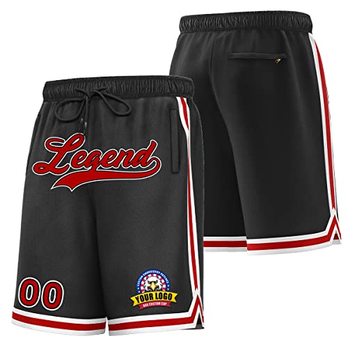 KXK Custom Basketball Athletic Shorts Men Youth Stitched Name Number Mesh Gym Sports Workout Fashion Short with Pockets One Size Black&red-16