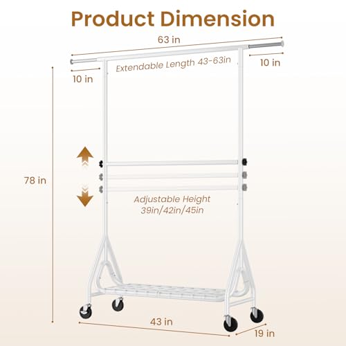 Image of Double Rods Clothing Rack, Heavy Duty Clothes Rack for Hanging Clothes Load 560LBS, Metal Rolling Garment Racks with Wheels, Freestanding Clothes Hanging Racks, White