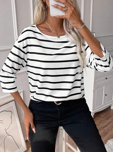 LilyCoco Womens 3/4 Length Sleeve Tops Striped Boat Neck Shirt Frenchy Cotton Tees4