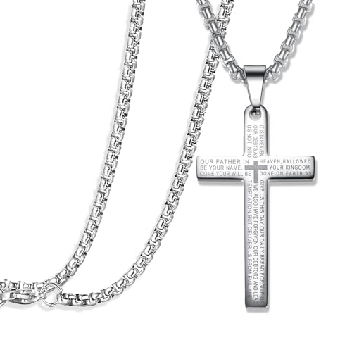 Silver deer【Hypoallergenic & lightweight Cross Necklace【does not rust or discolour】 for Women or Men Stainless Steel Pendant Lord's Prayer Bible Verse【2in DIY extension】 Chain 22 Inch