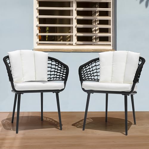 NUU GARDEN Outdoor Patio Woven Rope Chairs, Aluminum Frame Dining Chairs with Cushions Set of 2, All-Weather Patio Chairs for Deck Balcony Poolside, Black and Beige