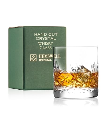 Hemswell Crystal Whiskey Glass for Men - Single 11oz Crystal Low Baller Tumbler - Solid Base Old Fashioned Glass for Bourbon - Glenrigg