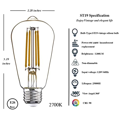 Winsaled Light Bulbs 100 Watt, 12 Pack Led Bulbs 100W Equivalent, 9W=100W, High Bright 1200Lm E26 Medium Base, 2700K Warm White Vintage Light Bulb For Light Fixtures Damp Rated, Non-Dim,Cri90 #TOP4