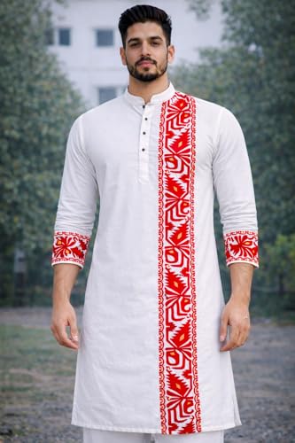 Image of Men's Cotton Jamdani Kurta for Festive, Casual Wear | Traditional Bengali Style Long Kurta | S to XL Size | White, Yellow, Blue Color Options