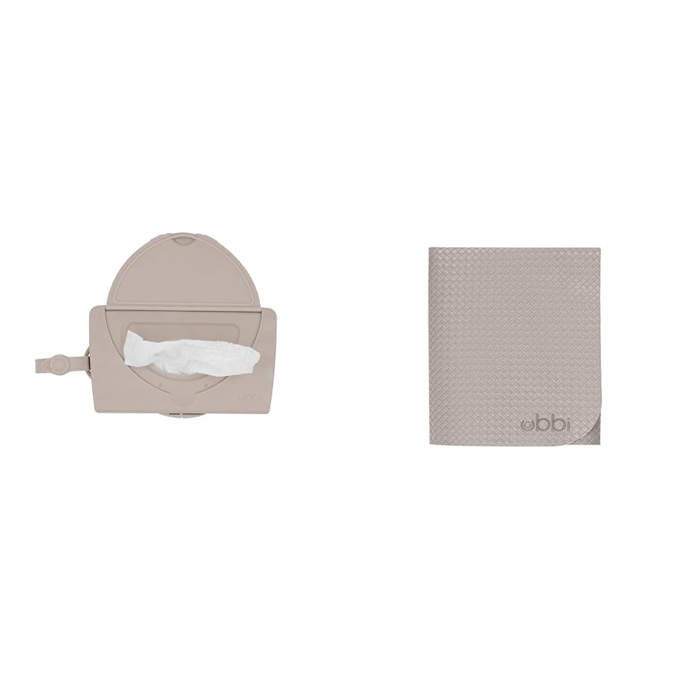 Ubbi On-The-Go Baby Wipes Dispenser and Changing Mat, Portable Diapering Accessories for Traveling with Newborns, Taupe