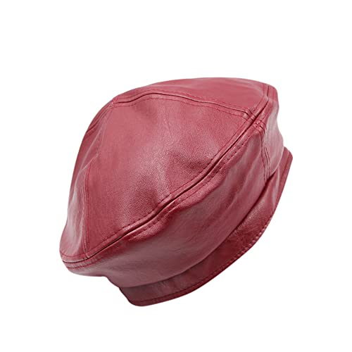 Mosstyus Women's Classic Pu Leather French Beret Hat Retro Beanie Hat Adjustable Artist Painter Pumpkin Cap, Wine Red #TOP3