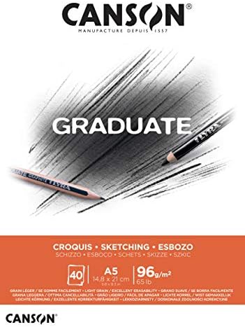 CANSON Graduate Sketch 96gsm A3 Paper, Light Grain, Pad Glued Short Side, 40 Natural White Sheets, Ideal for Student Artists