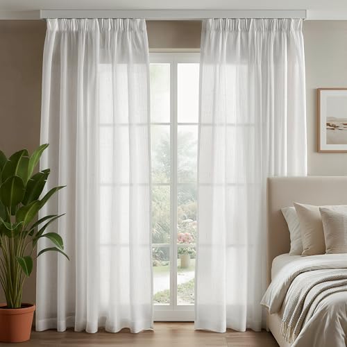 Deconovo Tende per Interni Trasparenti, Tende Camera da Letto Moderne in Voile Effetto Lino, Eleganti per Soggiorno e Salotto, Certificazione Oeko-Tex®, 140x300 cm, 2 Pezzi, Bianco