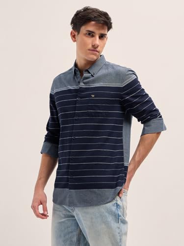 Image of THE BEAR HOUSE Men Button-Down Collar Horizontal Striped Cotton Slim Fit Casual Shirt