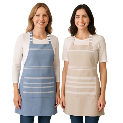 Image of Unisex Cooking Aprons | Waterproof Apron | Striped Design with 2 Front Pockets & Adjustable Neck Strap | Durable, Oil & Stain Resistant | Chef Apron for Cooking