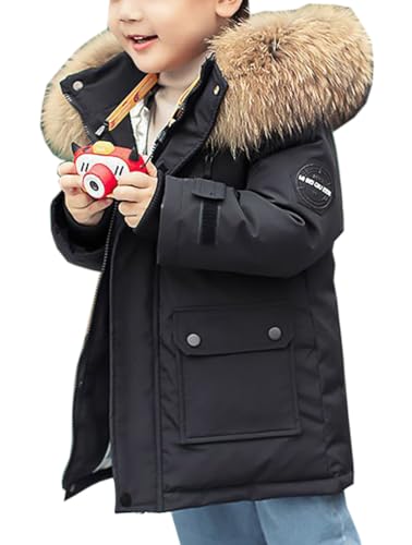 WIEAYUMEI Kids Boys Down Thick Coat, Toddler Boy Hooded Jackets Winter Parka Outwear with Big Hood Teenage Snowsuit Warm Thick Clothes Black 10-11 Years