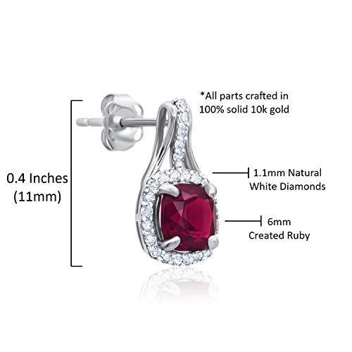 10K White Gold Cushion Cut Created Red Ruby Drop Earrings With Push Backs For Women With Genuine 1/3 Carat Diamonds And July Birthstone By Max + Stone #TOP4