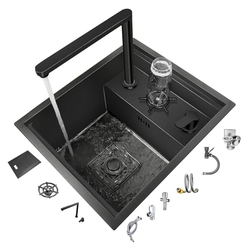 Fregadero De Cocina De Acero Inoxidable Negro Con Grifo Elevable Y Lavavasos Fregadero Oculto De Una Cubeta Para Casa Apartamento Bar Caravana Con Kit De Instalación Completo(45x38x22cm(A))