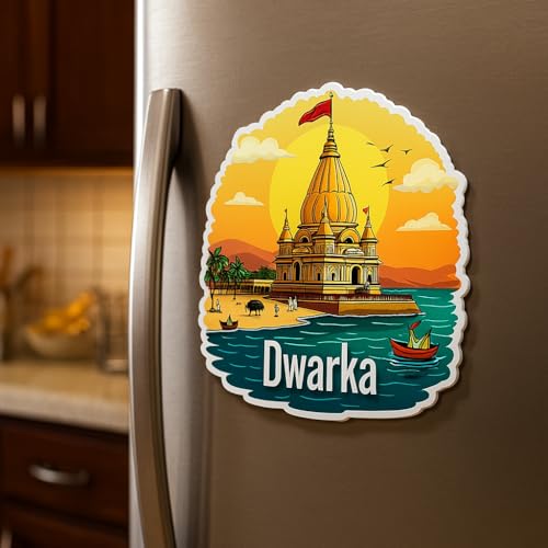 Image of Naxon Dwarkadhish Temple Souvenir Wooden Fridge Magnet - 3x3 Inch Refrigerator Magnet for Kitchen & Home Decor | Lord Krishna Dwarka Temple Travel Gift | Pack of 1