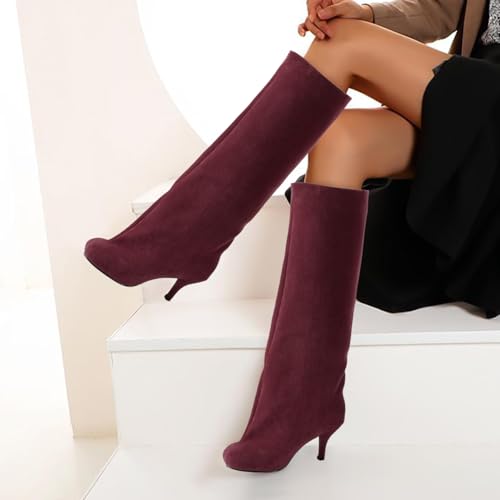 Oh Mispares Women's Nude Suede Knee High Boots - Square Toe Wide Calf Stiletto Low Heels - Fashionable Kitten Heel Pull-On Tall Winter Boots for Ladies 5
