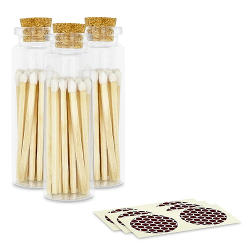 Image of 2 inch Classic White Tip Safety Matches | 3 Glass Bottles Each with Cork Top, Striker & 20 Matchsticks by Thankful Greetings (60+ Total) | Decorative & Unique for Home Decor, Event Giveaways