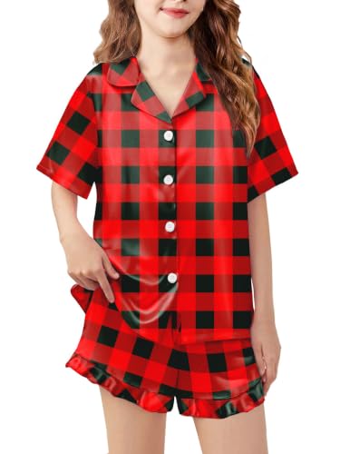 Image of Arshiner Girls Pajamas Silk Satin Pajama Set Button Pjs Ruffle Sleepwear | 2 Piece Nightwear, Silky Soft Lounge for Little & Big Kids, Ideal for Sleeping and Sleepover Party