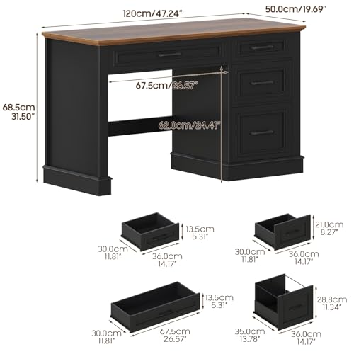 Image of Farmhouse 47 inch Executive Desk with File Drawer, Computer Desk with 4 Drawers, Workstation for Writing, Study, Home Office,Black Brown