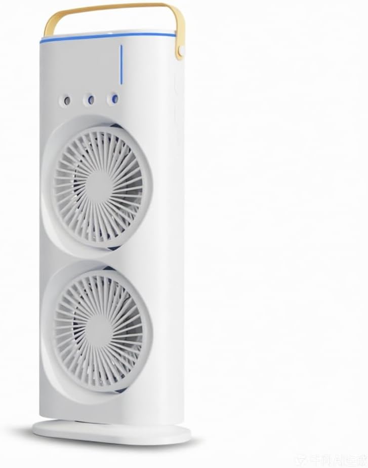 Dual Head Spray Tower Fan with Control Mist Humidifier 180° Adjustable 90° Rotatable Rechargeable Desk Fan with 3 Wind Speed Colorful Ambient Light Portable Handle