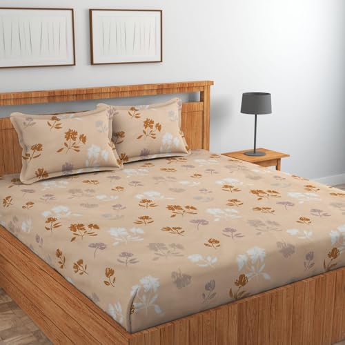 Image of NHD HOME Premium Cotton Flat Double Bedsheets with 2 King Size Pillow Covers | Double Bed Breathable | Wrinklefree | Ultrasoft 220 tc Supersoft Floral | 90x90 Inches, Beige & White