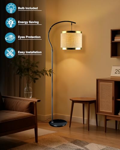 Image of Lightdot 64.9IN Black Arc Floor Lamp, Modern Floor Lamps for for Wedding /Party, Standing Lamp with Linen Shade, Tall Floor Lamp Living Room /Bedroom (Bulbs Included)