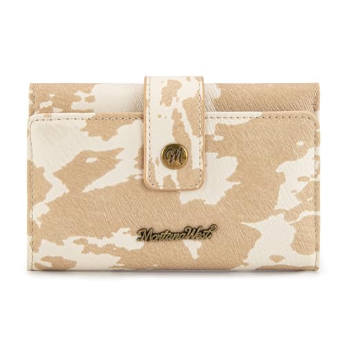Montana West Small Wallets for Women Trifold Cow Print Wallet Ladies Female Credit Card Cash Wallet Western RFID Blocking Womens Wallets Khaki with ID Window