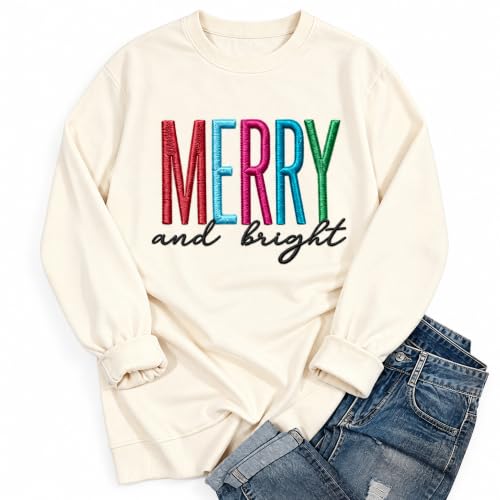 HOTHYPOP Christmas Sweatshirts For Women Crewneck Embroidered Tops Apricot - image 4