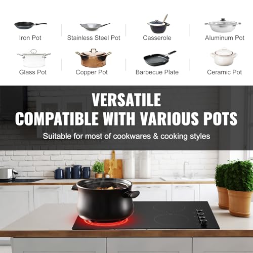 Image of VEVOR Electric Ceramic Cooktop, Built-in Electric Stove Top, with Glass Panel, Knob Control, 11 Heat Levels, for Diverse Cooking Requirements (30inch-4burners /220V)