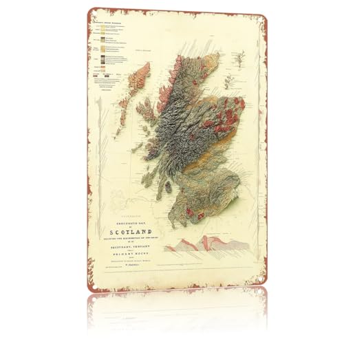 SMAZDFXX Póster de metal con mapa geológico vintage de Escocia, ideal para decorar el hogar, ideal para dormitorio, sala de estar, bar, restaurantes, etc. Placa de 30 x 20 cm.